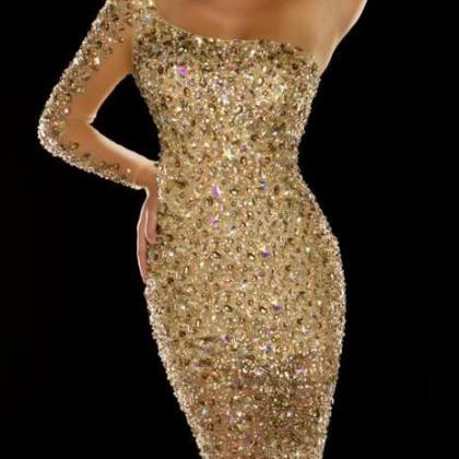 prom amazing dresses gold dress sheer mermaid evening crystal sleeve through custom sexy
